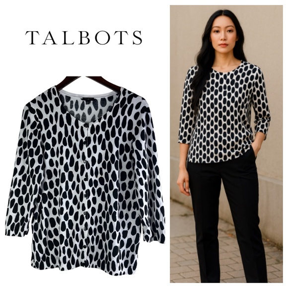 Talbots Cardigan Sweater Sz 1X 16 18 Black White Dots Artsy Stretch Career - Picture 1 of 5